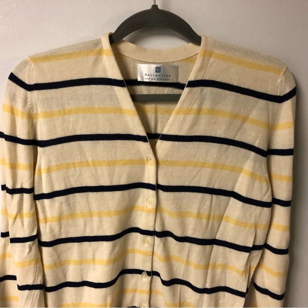Ballantyne Woman’s Cardigan Sweater 2 Black Yellow Beige Silk Striped V Neck